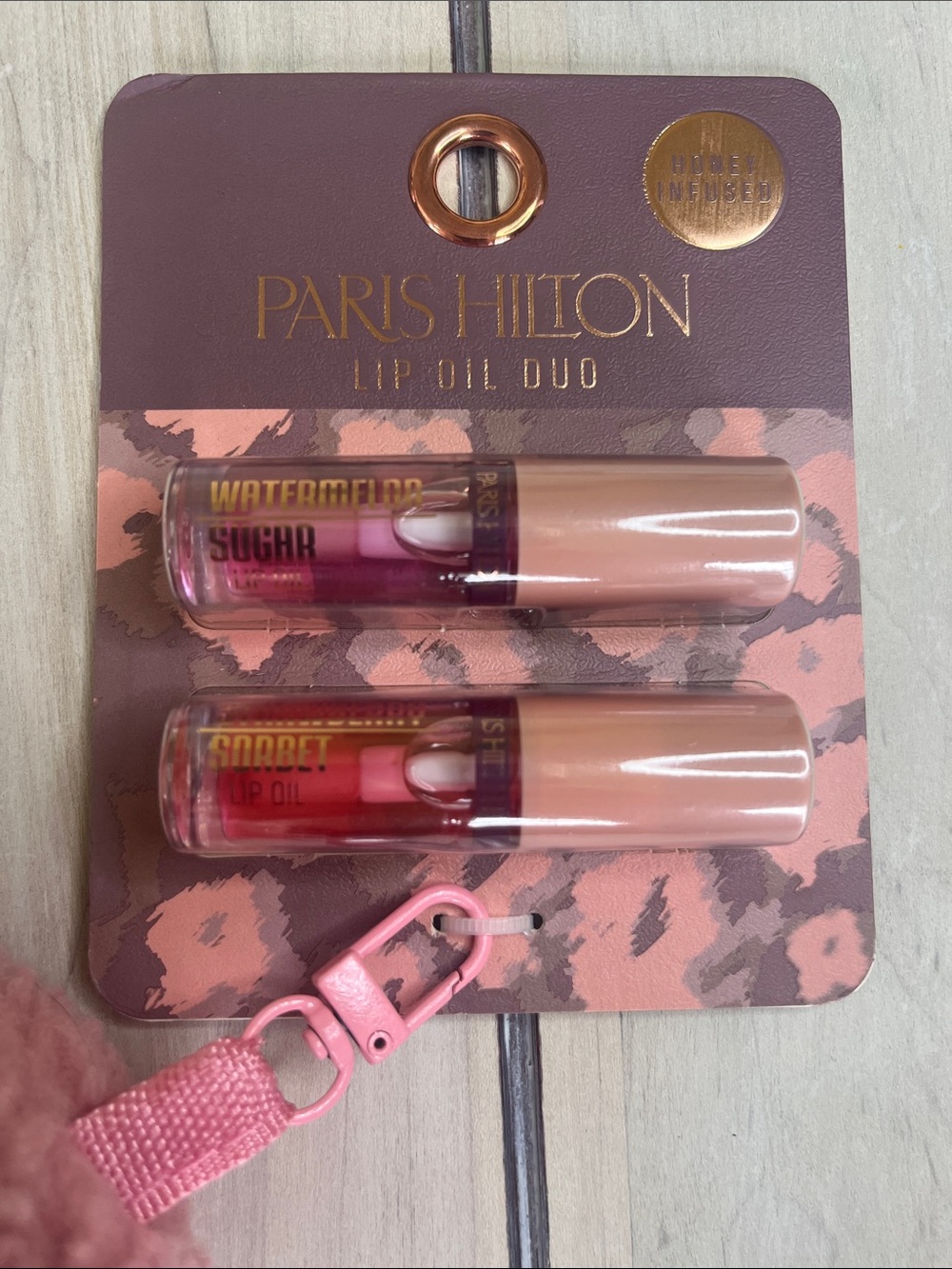 Paris Hilton Pink Lip Gloss Duo with Pink Sherpa Pouch Bag Clip - Picture 3 of 3